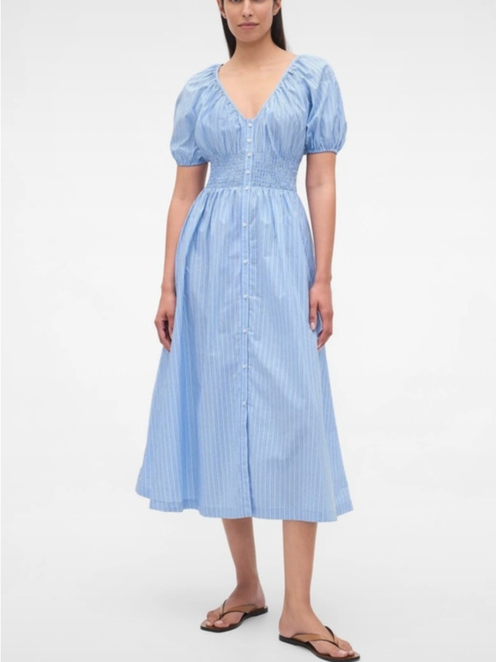 ✅🌹GAP Blue and White Striped Puff-Sleeve button front midi dress.